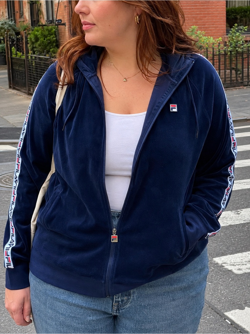 FILA Navy Blue Velvet Velour Logo Tape Zip Hoodie Jacket XL